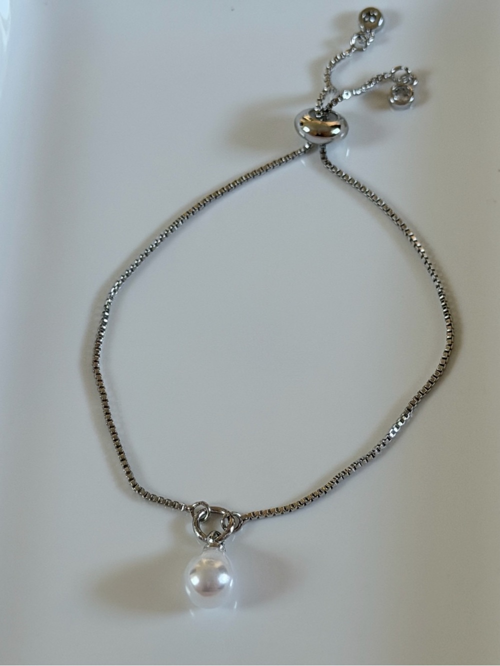 Adjustable Silver Bracelet with White Pearl Charm